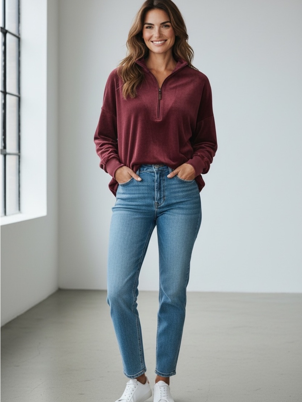 Chico's Burgundy Velour 1/2 Zip Mock Neck Pullover Sweatshirt Women's Sz 4/XXL